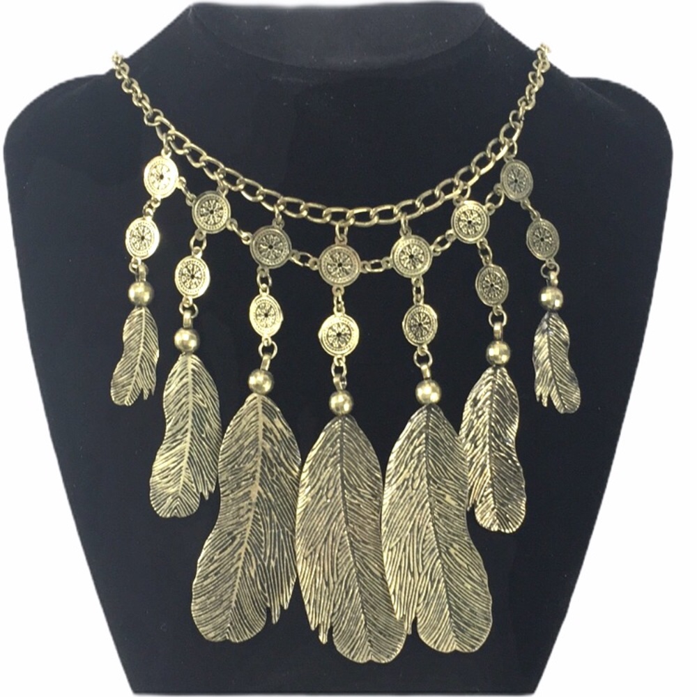 Feather Necklace, Gold Tone, Black
